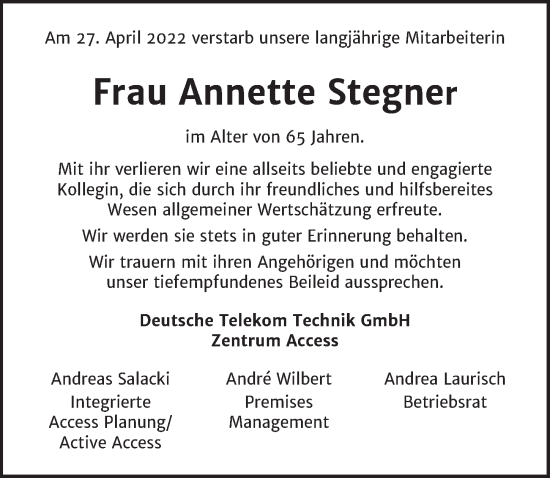 Traueranzeige von Annette Stegner von Berliner Zeitung