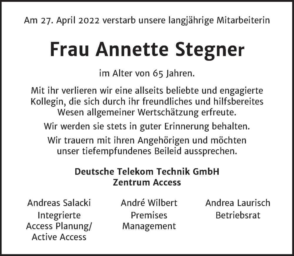  Traueranzeige für Annette Stegner vom 21.05.2022 aus Berliner Zeitung