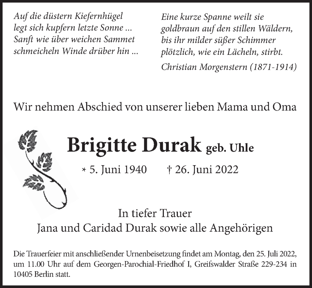  Traueranzeige für Brigitte Durak vom 09.07.2022 aus Berliner Zeitung