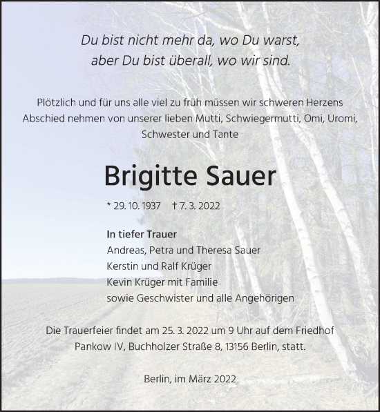 Traueranzeige von Brigitte Sauer von Berliner Zeitung