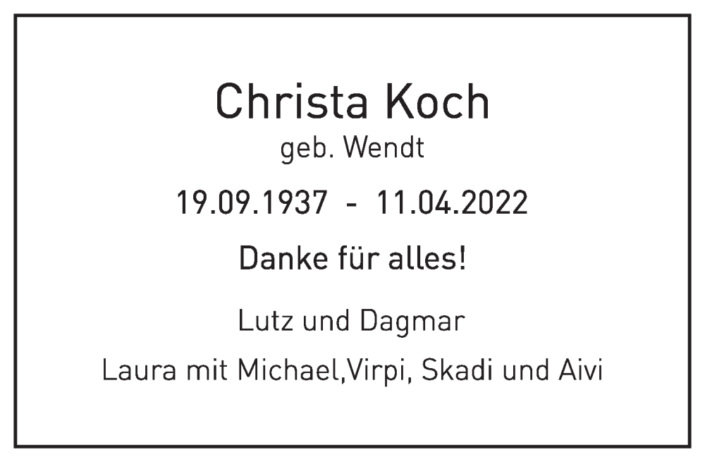  Traueranzeige für Christa Koch vom 14.05.2022 aus Berliner Zeitung