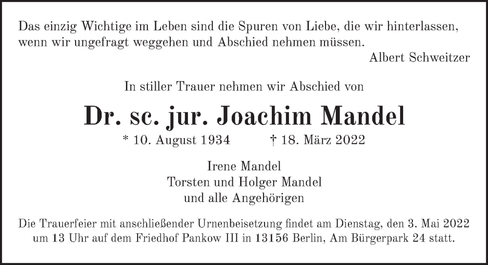  Traueranzeige für Dr. sc. jur. Joachim Mandel vom 09.04.2022 aus Berliner Zeitung