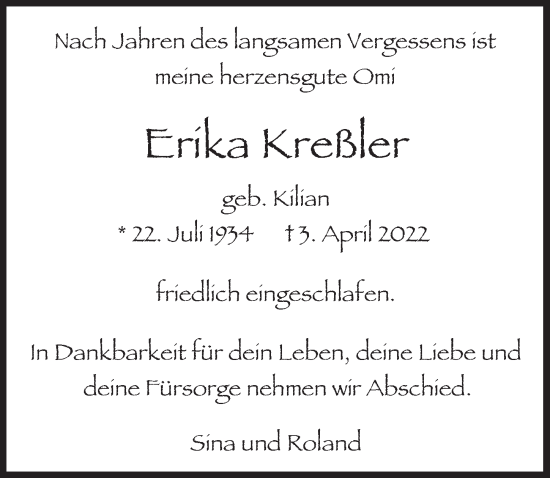 Traueranzeige von Erika Kreßler von Berliner Zeitung