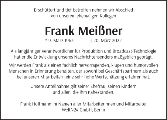 Traueranzeige von Frank Meißner von Berliner Zeitung