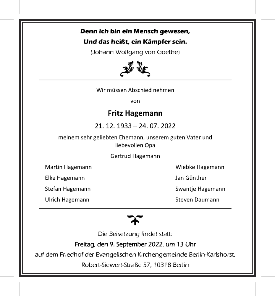  Traueranzeige für Fritz Hagemann vom 26.08.2022 aus Berliner Zeitung