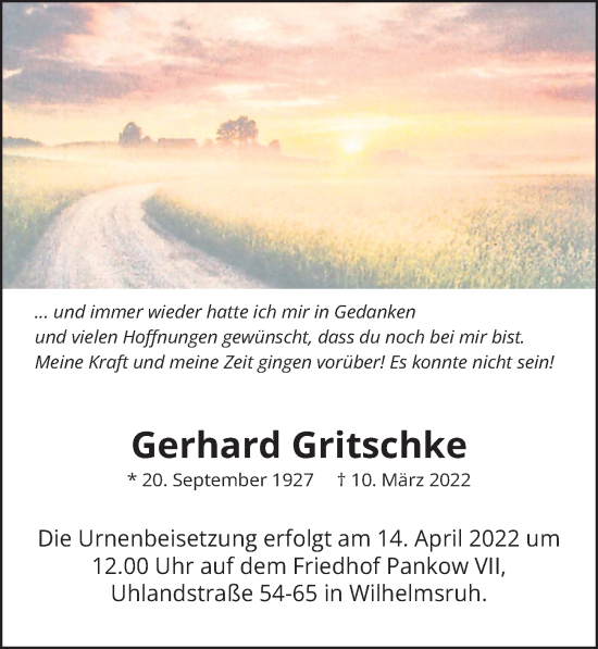 Traueranzeige von Gerhard Gritschke von Berliner Zeitung