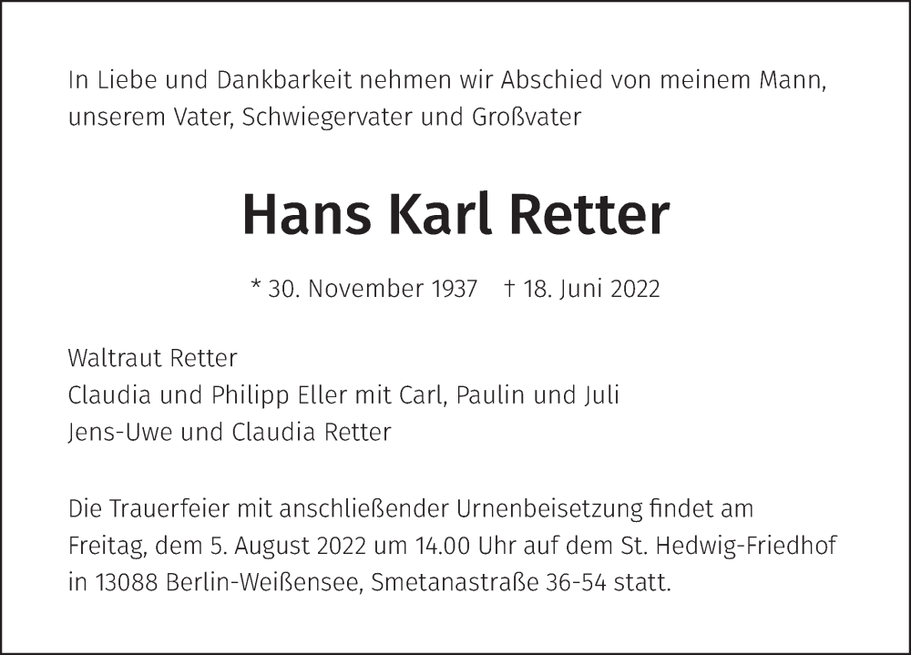  Traueranzeige für Hans Karl Retter vom 16.07.2022 aus Berliner Zeitung