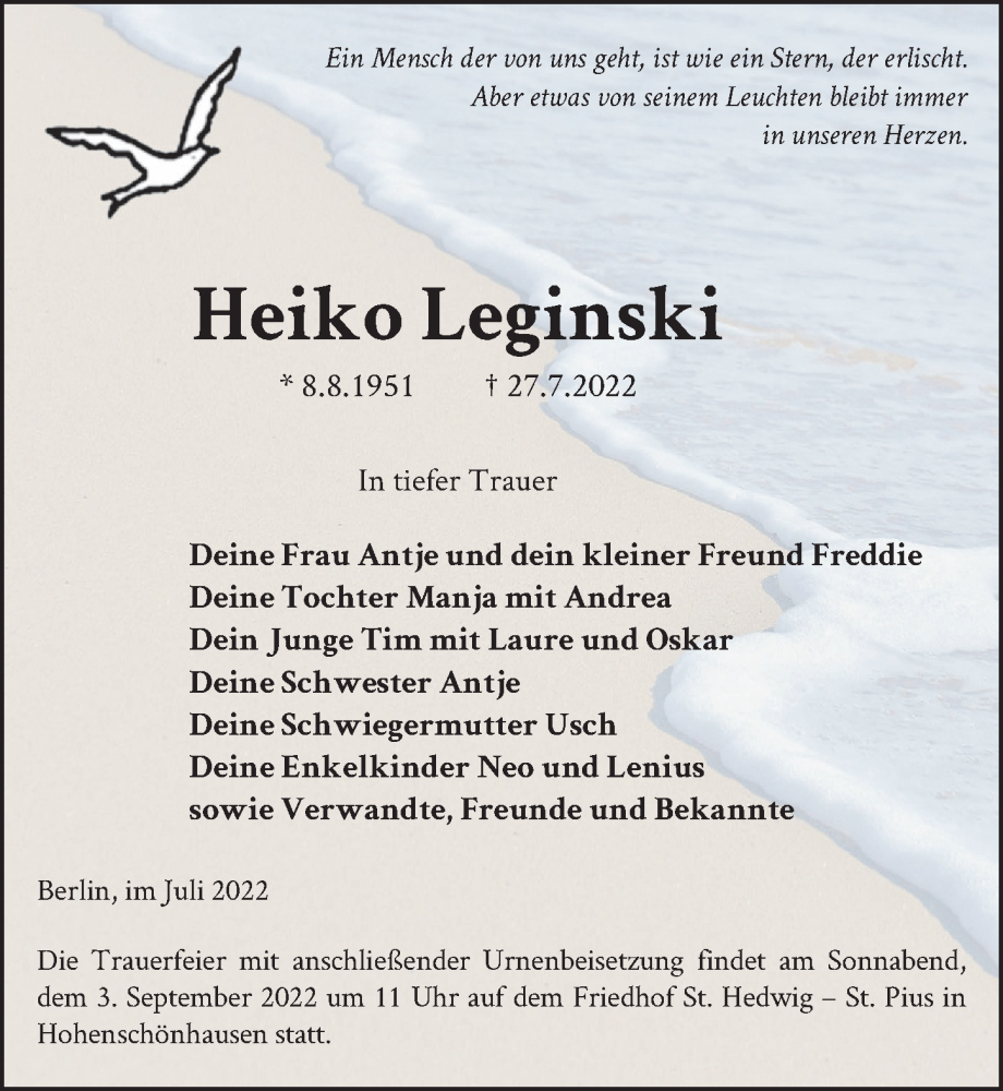  Traueranzeige für Heiko Leginski vom 27.08.2022 aus Berliner Zeitung