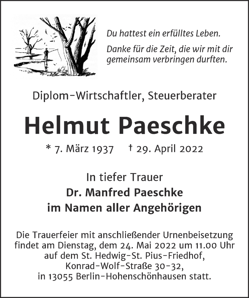  Traueranzeige für Helmut Paeschke vom 07.05.2022 aus Berliner Zeitung