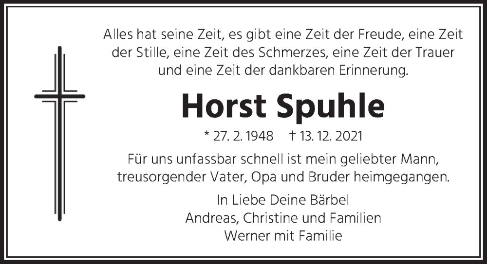  Traueranzeige für Horst Spuhle vom 19.03.2022 aus Berliner Zeitung