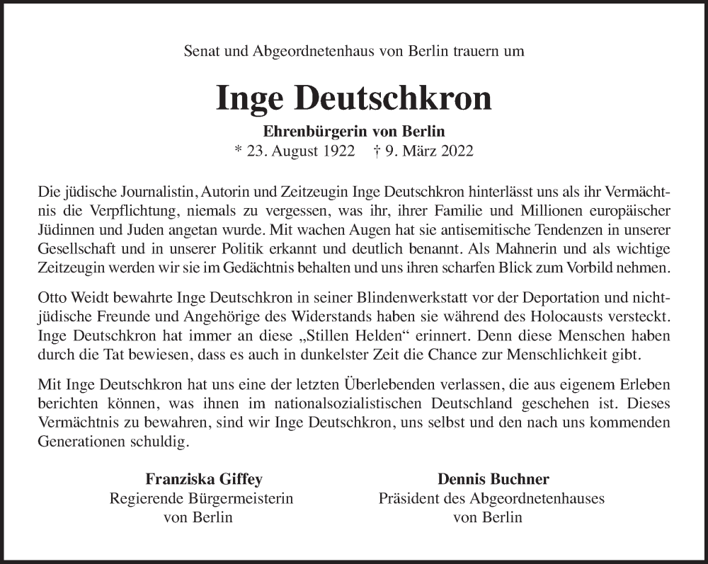  Traueranzeige für Inge Deutschkron vom 19.03.2022 aus Berliner Zeitung