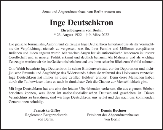 Traueranzeige von Inge Deutschkron von Berliner Zeitung