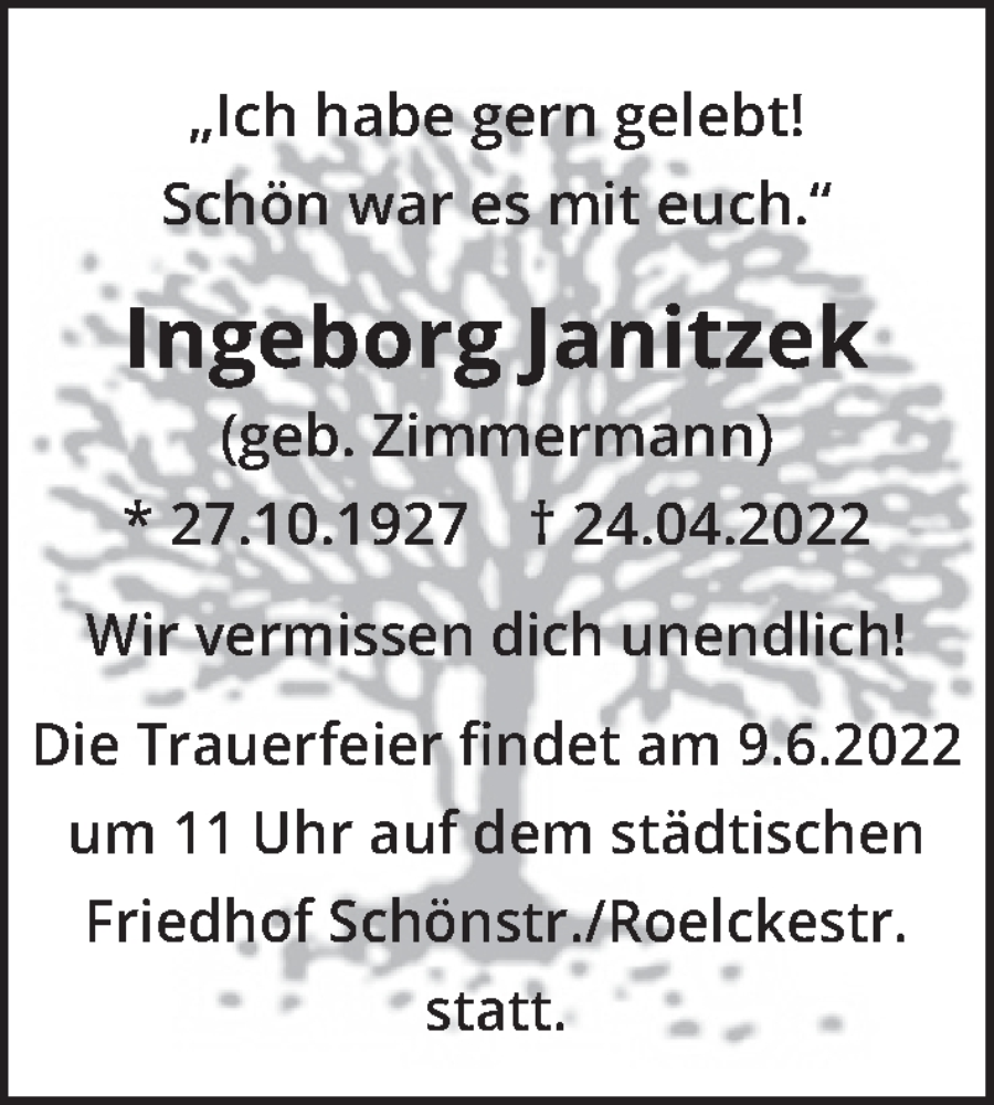  Traueranzeige für Ingeborg Janitzek vom 21.05.2022 aus Berliner Zeitung