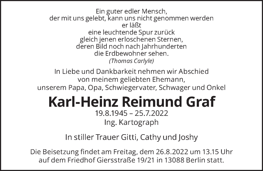  Traueranzeige für Karl-Heinz Reimund Graf vom 20.08.2022 aus Berliner Zeitung