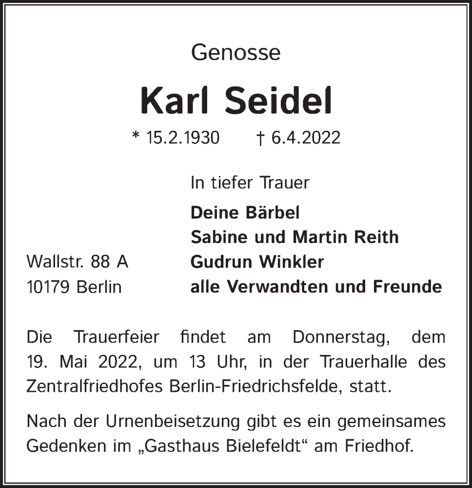  Traueranzeige für Karl Seidel vom 30.04.2022 aus Berliner Zeitung