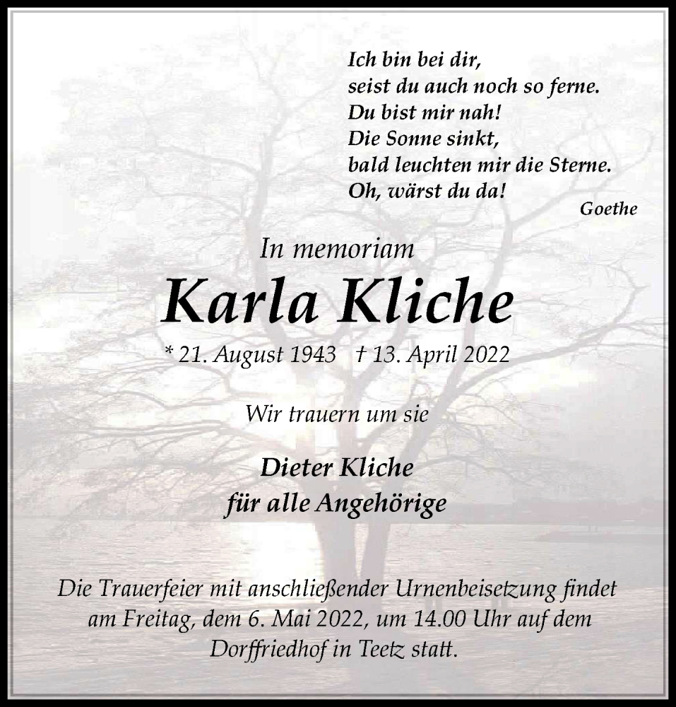 Traueranzeige für Karla Kliche vom 23.04.2022 aus Berliner Zeitung