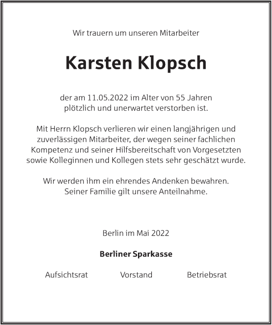Traueranzeige von Karsten Klopsch von Berliner Zeitung