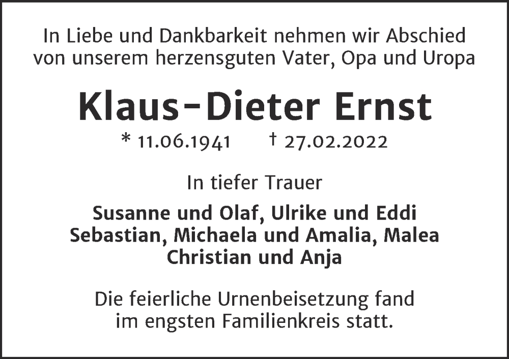  Traueranzeige für Klaus-Dieter Ernst vom 23.04.2022 aus Berliner Zeitung