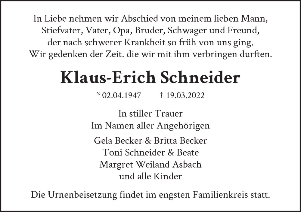  Traueranzeige für Klaus-Erich Schneider vom 02.04.2022 aus Berliner Zeitung