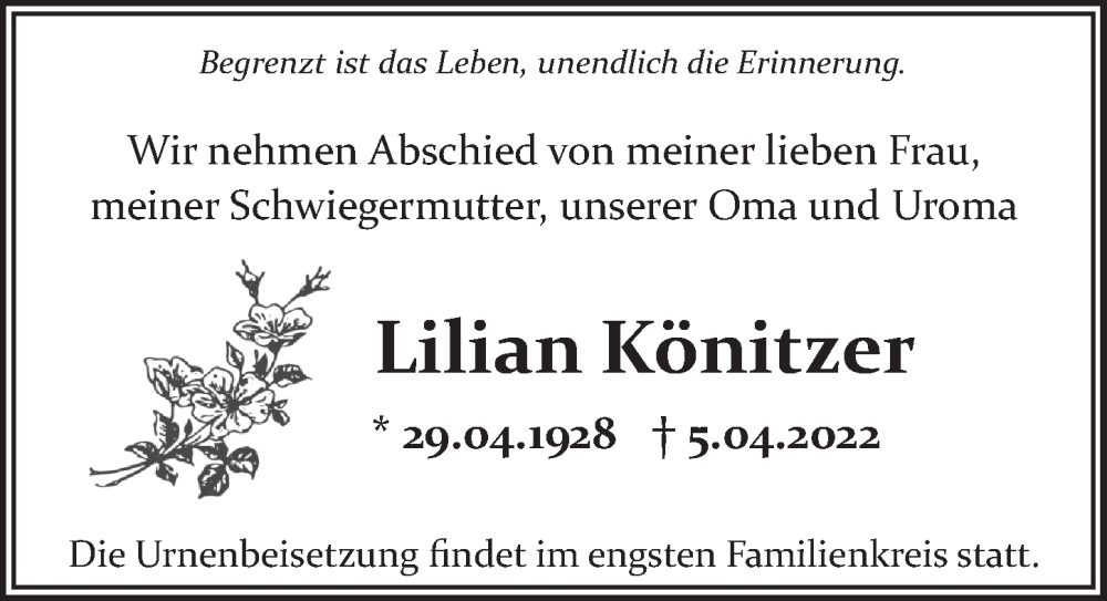  Traueranzeige für Lilian Könitzer vom 23.04.2022 aus Berliner Zeitung