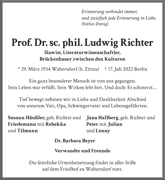 Traueranzeige von Ludwig Richter von Berliner Zeitung