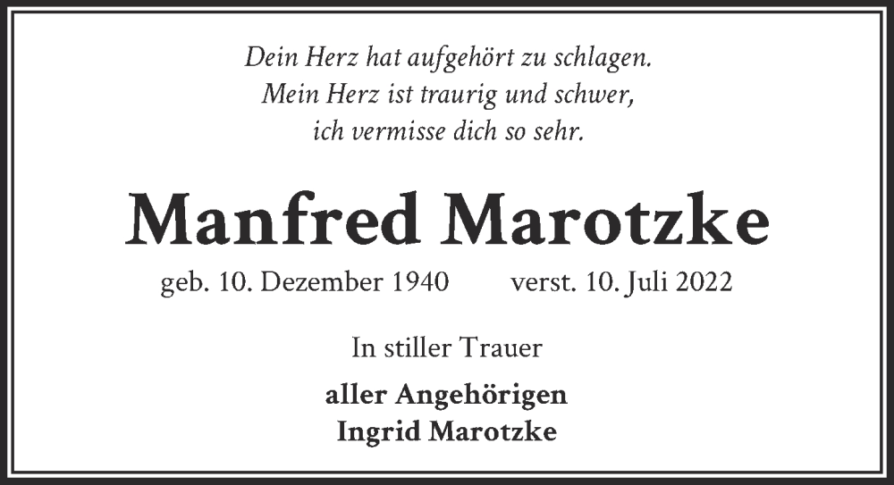  Traueranzeige für Manfred Marotzke vom 30.07.2022 aus Berliner Zeitung