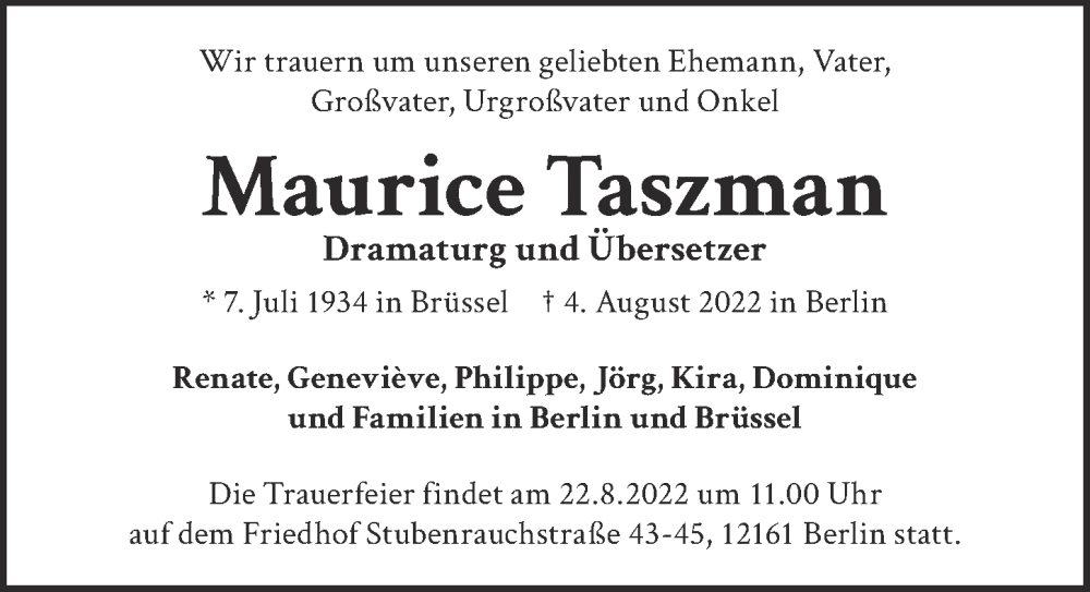 Traueranzeige für Maurice Taszman vom 13.08.2022 aus Berliner Zeitung