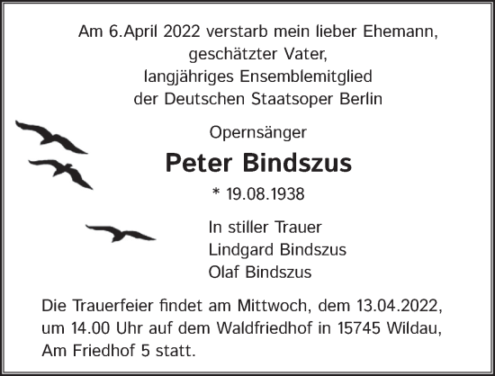 Traueranzeige von Peter Bindszus von Berliner Zeitung