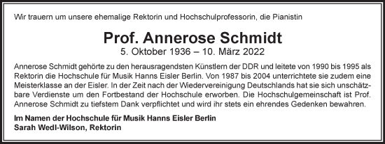 Traueranzeige von Prof. Annerose Schmidt von Berliner Zeitung