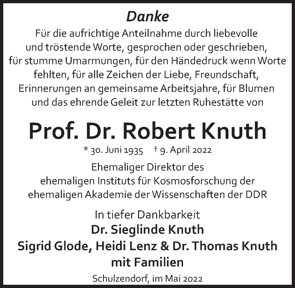  Traueranzeige für Prof. Dr. Robert Knuth vom 14.05.2022 aus Berliner Zeitung