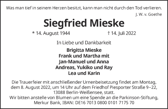 Traueranzeige von Siegfried Mieske von Berliner Zeitung