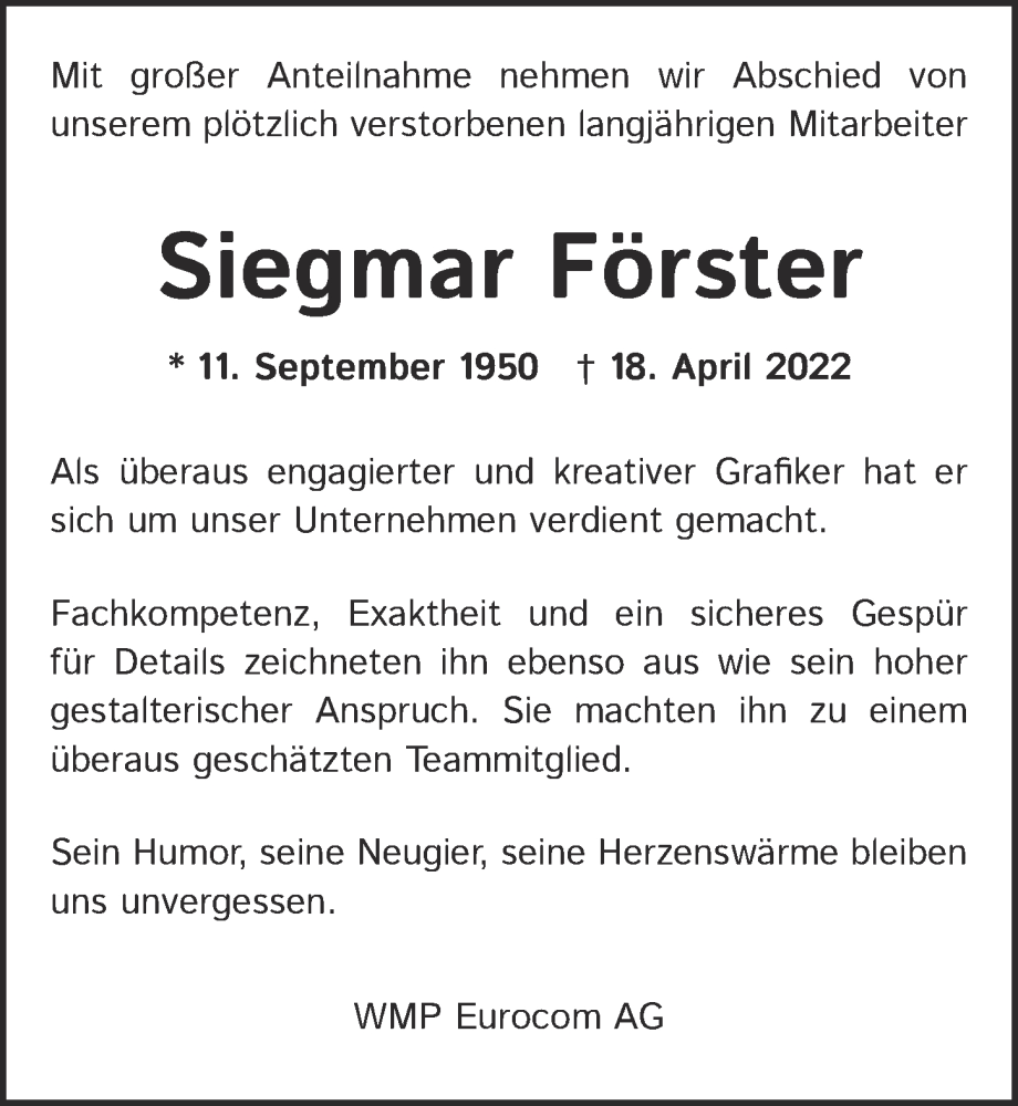  Traueranzeige für Sigmar Förster vom 07.05.2022 aus Berliner Zeitung