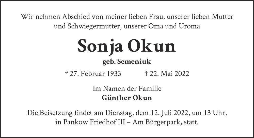  Traueranzeige für Sonja Okun vom 28.05.2022 aus Berliner Zeitung