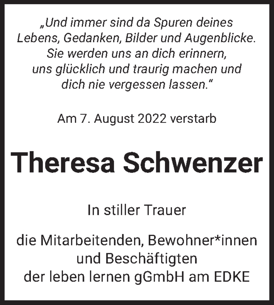 Traueranzeige für Theresa Schwenzer vom 20.08.2022 aus Berliner Zeitung