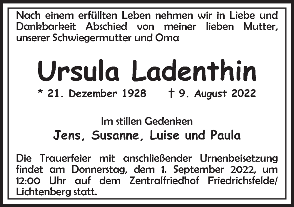  Traueranzeige für Ursula Ladenthin vom 20.08.2022 aus Berliner Zeitung
