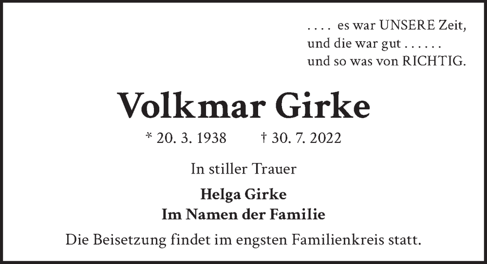  Traueranzeige für Volkmar Girke vom 06.08.2022 aus Berliner Zeitung