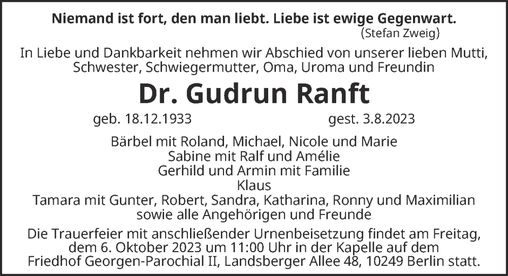  Traueranzeige für Gudrun Ranft vom 30.09.2023 aus Berliner Zeitung