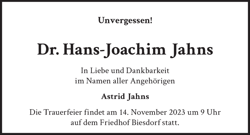  Traueranzeige für Hans-Joachim Jahns vom 14.10.2023 aus Berliner Zeitung
