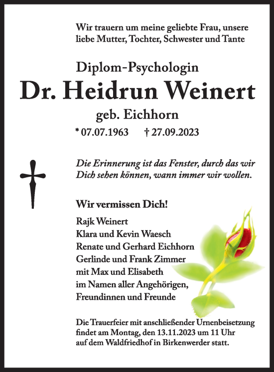 Traueranzeige von Heidrun Weinert von Berliner Zeitung
