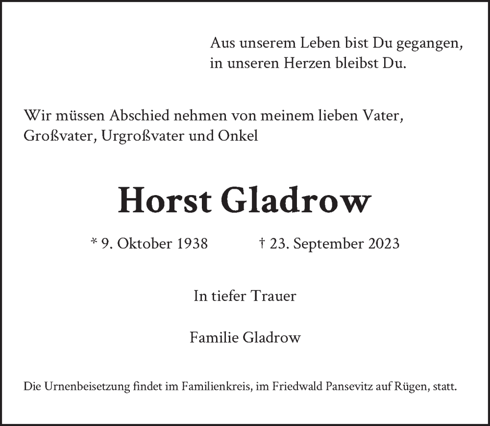  Traueranzeige für Horst Gladrow vom 28.10.2023 aus Berliner Zeitung
