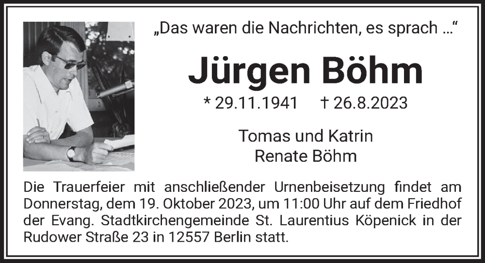  Traueranzeige für Jürgen Böhm vom 07.10.2023 aus Berliner Zeitung