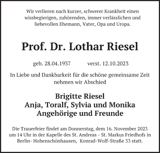 Traueranzeige von Lothar Riesel von Berliner Zeitung