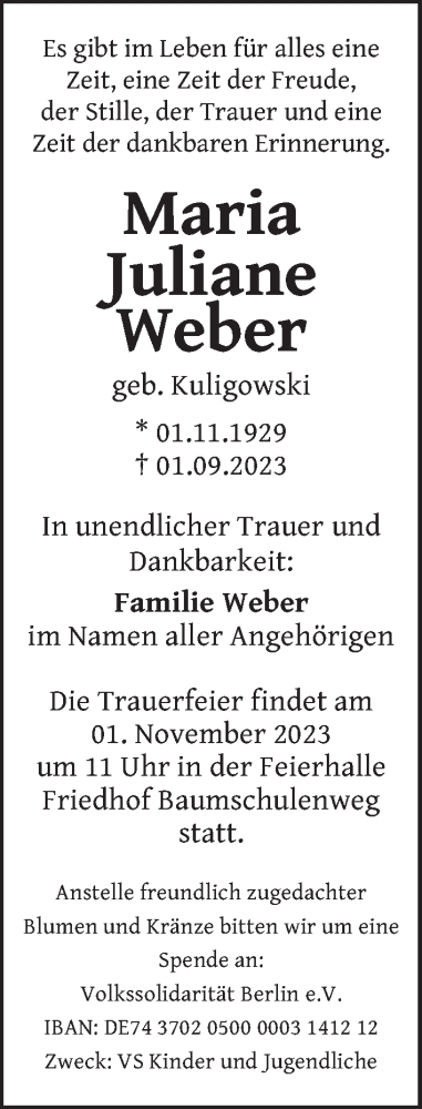 Traueranzeige von Maria Juliane Weber von Berliner Kurier