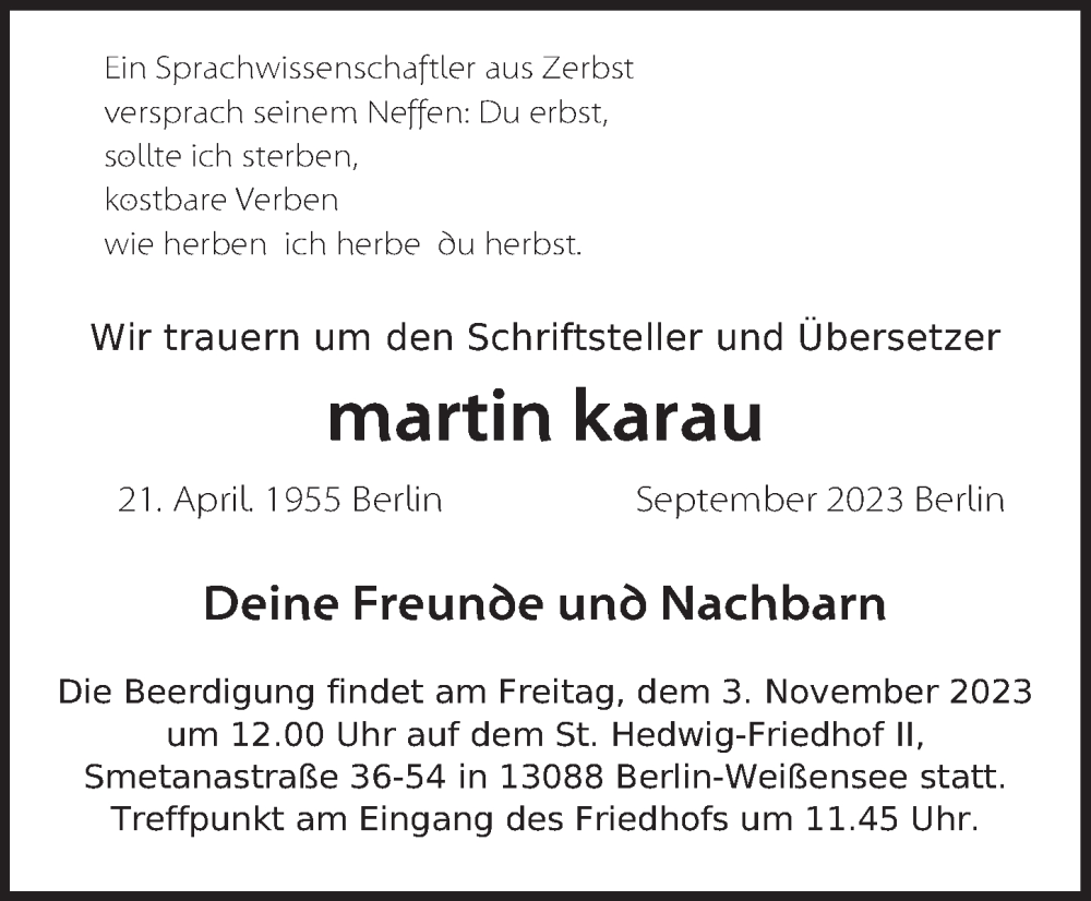  Traueranzeige für Martin Karau vom 28.10.2023 aus Berliner Zeitung