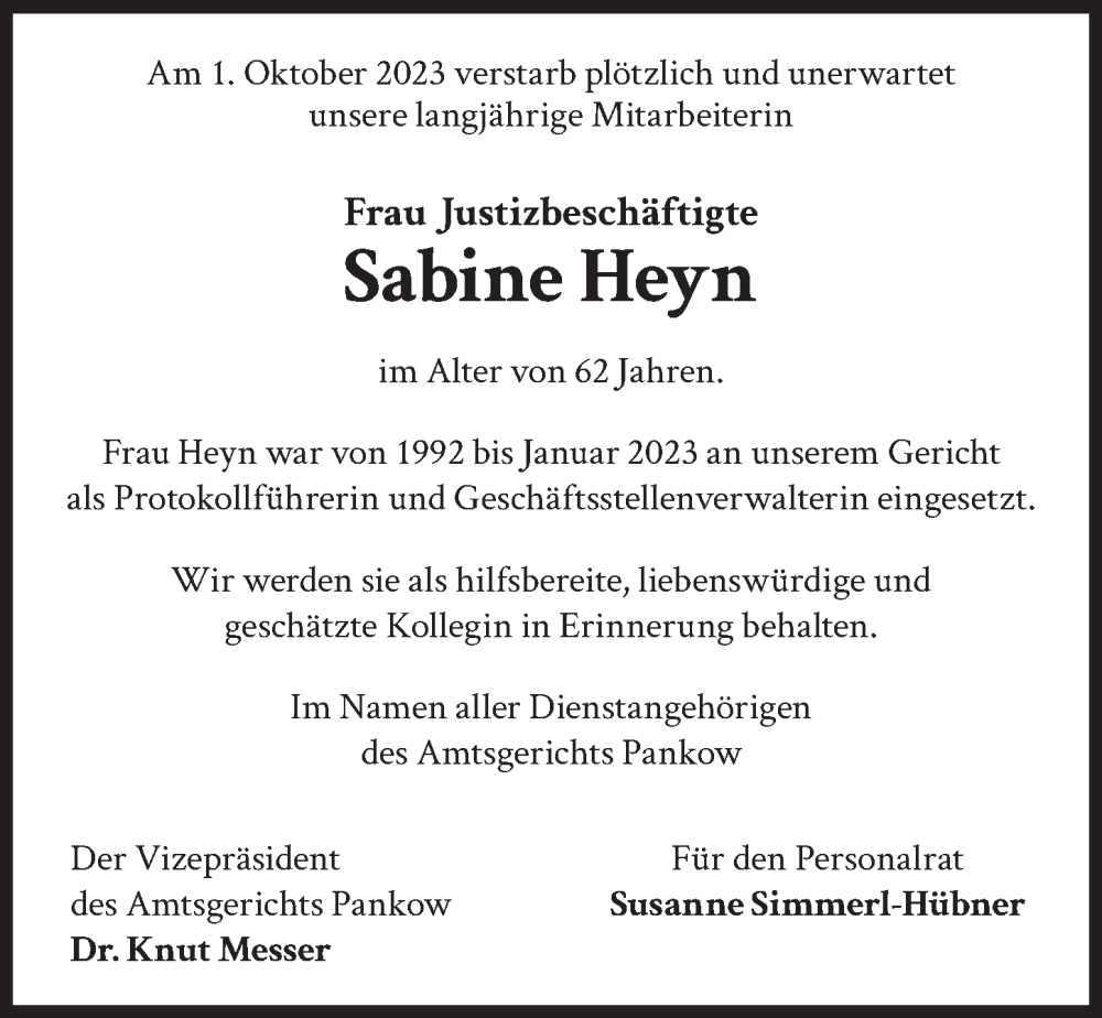  Traueranzeige für Sabine Heyn vom 28.10.2023 aus Berliner Zeitung