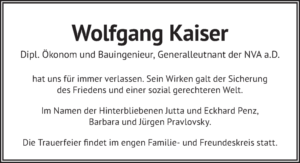  Traueranzeige für Wolfgang Kaiser vom 01.11.2023 aus Berliner Zeitung