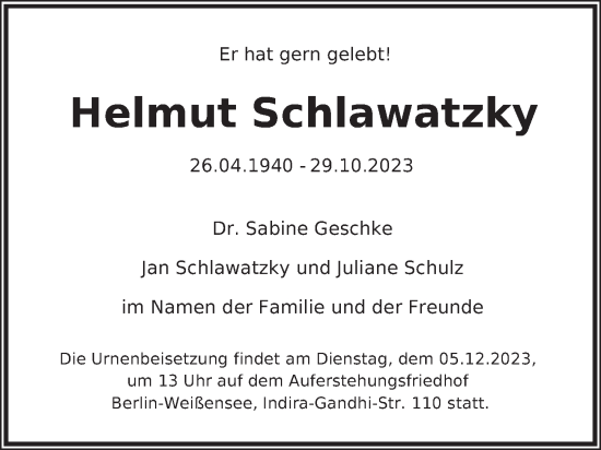 Traueranzeige von Helmut Schlawatzky von Berliner Zeitung