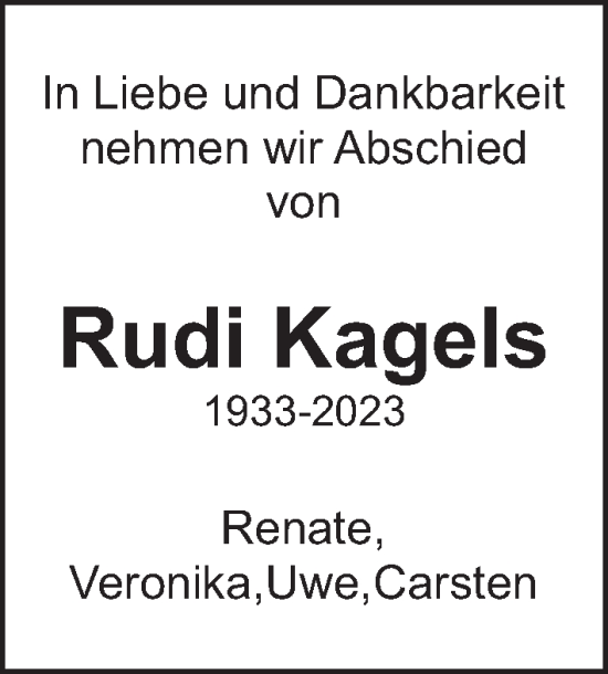 Traueranzeige von Rudi Kagels von Berliner Zeitung