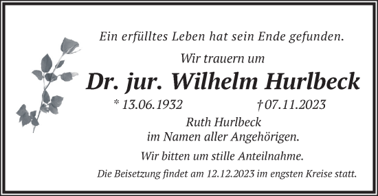 Traueranzeige von Wilhelm Hurlbeck von Berliner Zeitung