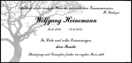 Traueranzeige von Wolfgang Heinemann von Berliner Zeitung